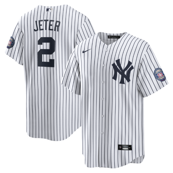 NY YANKEES NIKE DEREK JETER#2 HOME WHITE PINSTRIPE JERSEY NAME AND NUMBERS 2020 HALL OF FAME  PATCH