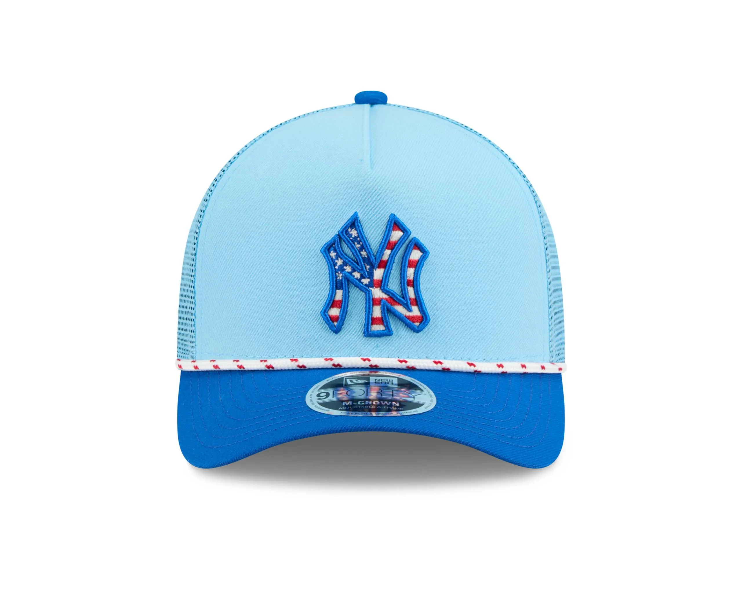 NY YANKEES NEW ERA 9FORTY MEN'S  2025 FOURTH OF JULY  A-FRAME M-CROWN ADJUSTABLE TRUCKER HAT LIGHT BLUE/BLUE