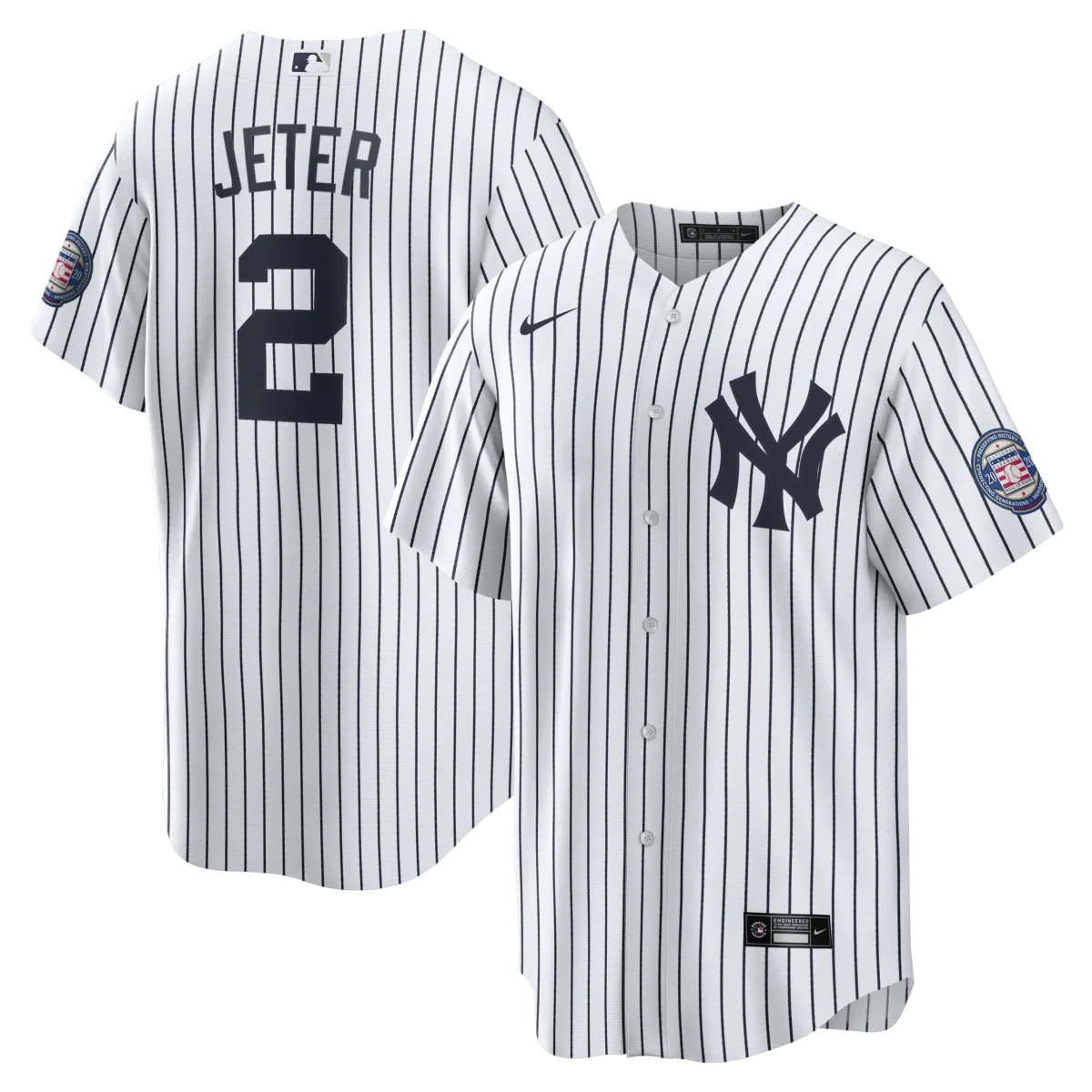 NY YANKEES NIKE DEREK JETER#2 HOME WHITE PINSTRIPE JERSEY NAME AND NUMBERS 2020 HALL OF FAME  PATCH - Image 1